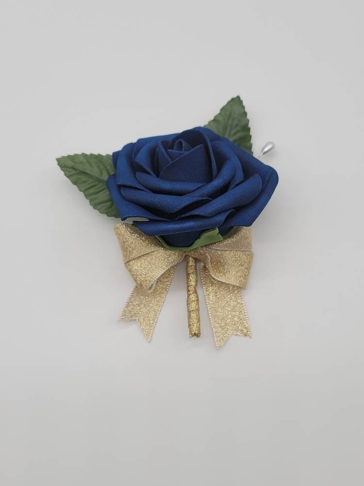 Navy and gold Boutonnieres And Corsages, Available In 27 Colors, Corsages Available In Pin On And Wrist, Matching Bouquets Available