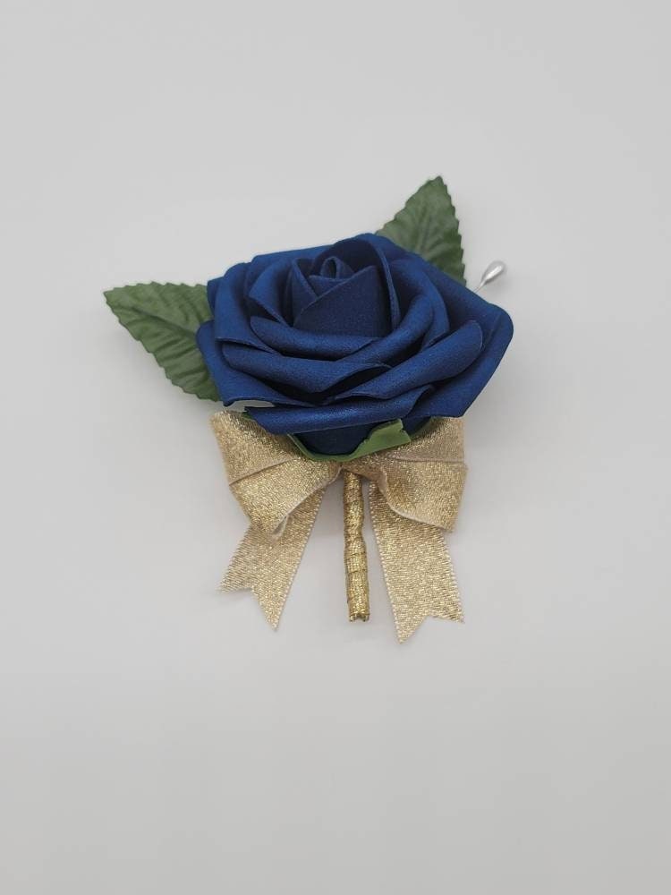 Navy and gold Boutonnieres And Corsages, Available In 27 Colors, Corsages Available In Pin On And Wrist, Matching Bouquets Available