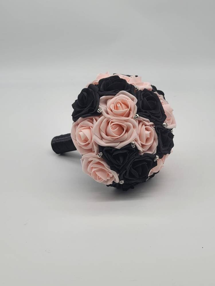 Gothic Black and Blush Skull Wedding Bouquet, Bridal Bouquet, Bridesmaid Bouquet, Matching Corsages and Boutonnieres, Halloween Wedding