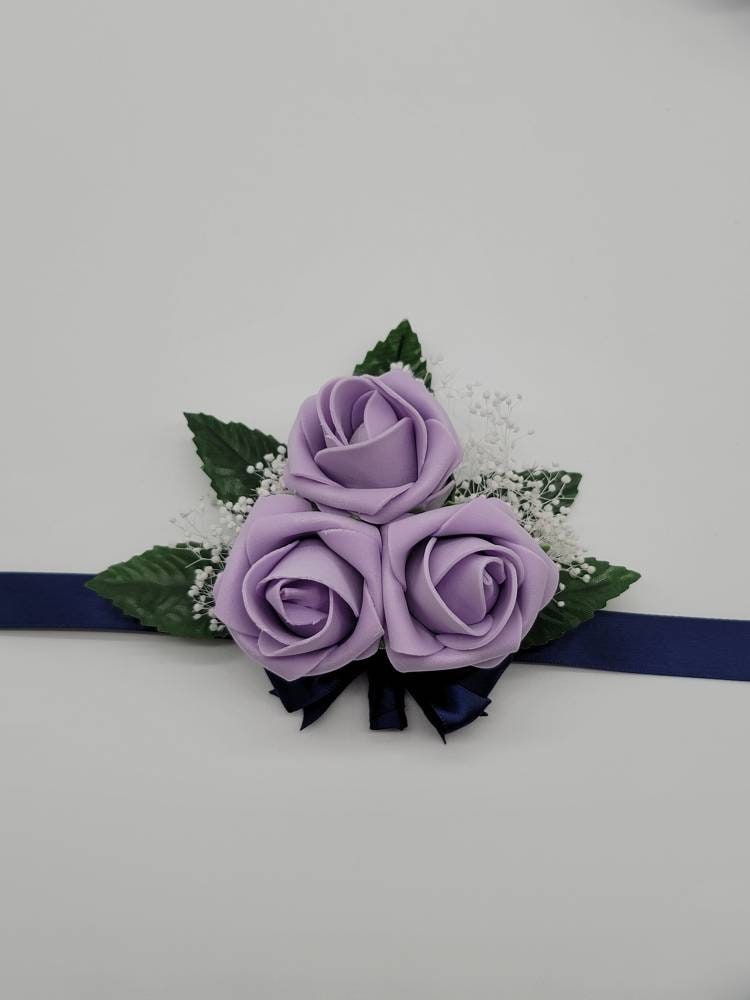 lilac and navy Corsages and Boutonnieres,Available In 27 Colors, Corsages Are Available In Pin On And Wrist, Matching Bouquets Available