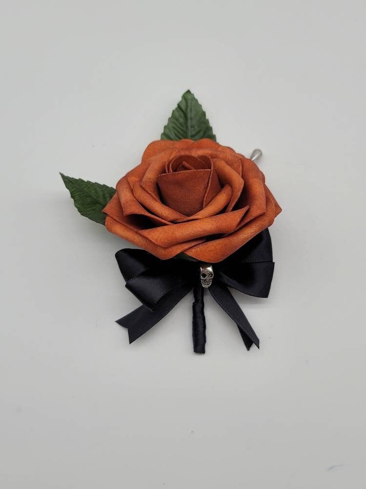 Gothic Skull Burnt Orange And Black Boutonnieres and Corsages, Corsages Available in Pin on and Wrist, Halloween Wedding