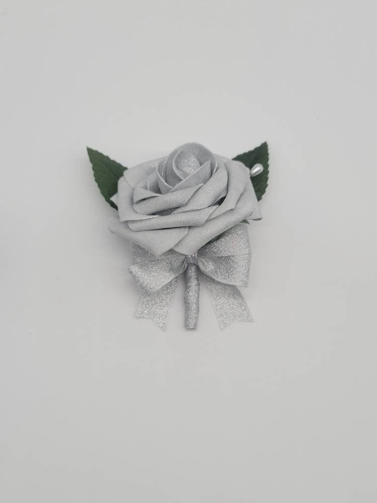 Silver Boutonnieres And Corsages, Available In 27 Colors, Corsages Available In Pin On And Wrist, Matching Bouquets Available