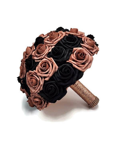 Dusty Rose and Black Wedding Bouquet Made With Real Touch Roses, Bridal Bouquet, Bridesmaid Bouquet and Matching Boutonnieres and Corsages