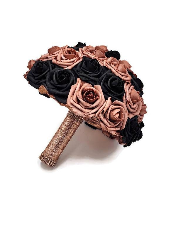 Dusty Rose and Black Wedding Bouquet Made With Real Touch Roses, Bridal Bouquet, Bridesmaid Bouquet and Matching Boutonnieres and Corsages