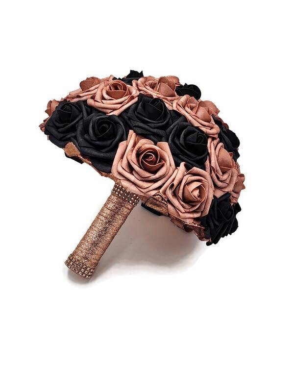 Dusty Rose and Black Wedding Bouquet-Modern Romantic Bridal- Rose Gold Ribbon-Custom Colors-Matching Boutonnieres & Corsages