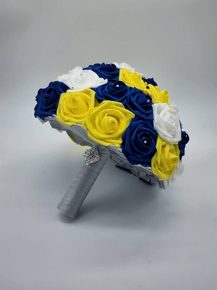 Royal Blue, Yellow, & White Wedding Bouquet Made w/Real Touch Roses, Bridal Bouquet, Bridesmaid Bouquet/ Matching Boutonnieres and Corsages