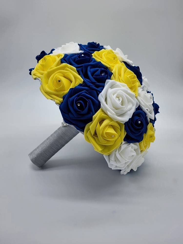 Royal Blue, Yellow, & White Wedding Bouquet Made w/Real Touch Roses, Bridal Bouquet, Bridesmaid Bouquet/ Matching Boutonnieres and Corsages