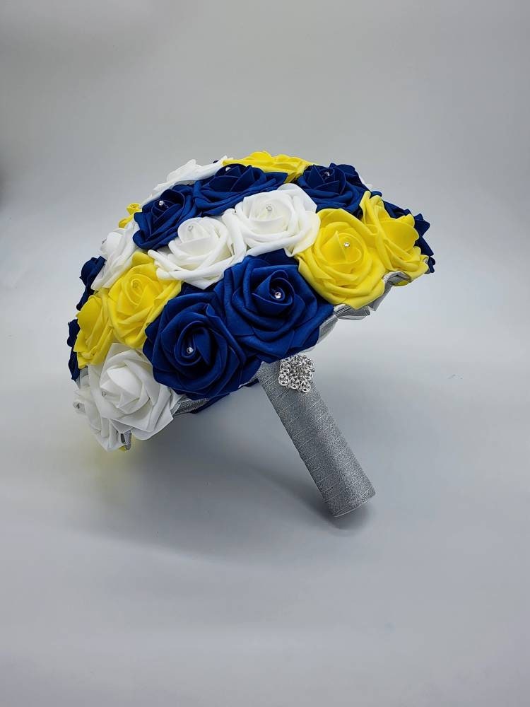 Royal Blue, Yellow, & White Wedding Bouquet Made w/Real Touch Roses, Bridal Bouquet, Bridesmaid Bouquet/ Matching Boutonnieres and Corsages