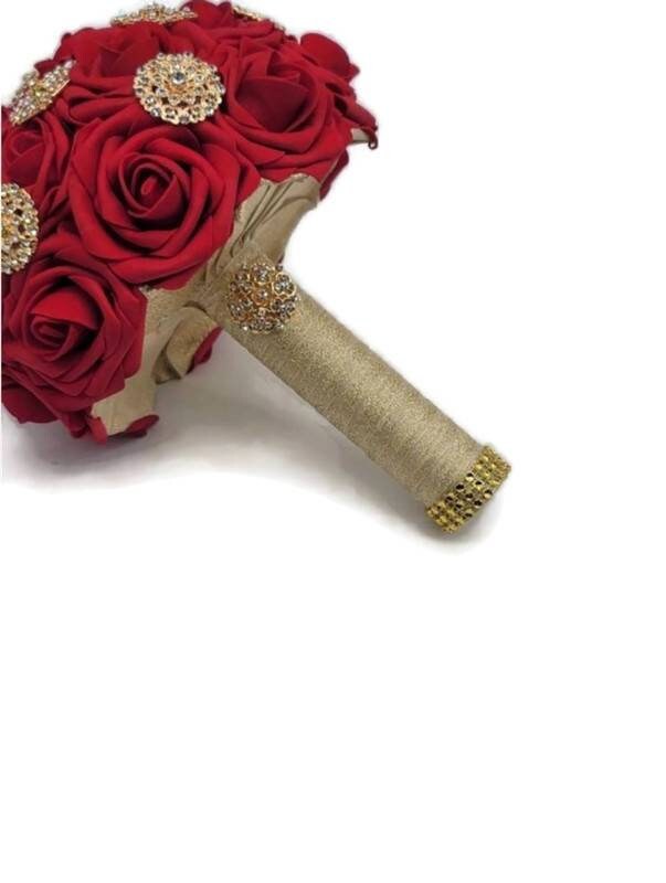 Red and Gold Brooch Bouquet or Bridesmaid Bouquet, Available in 27 colors,Matching Boutonnieres And Corsages available
