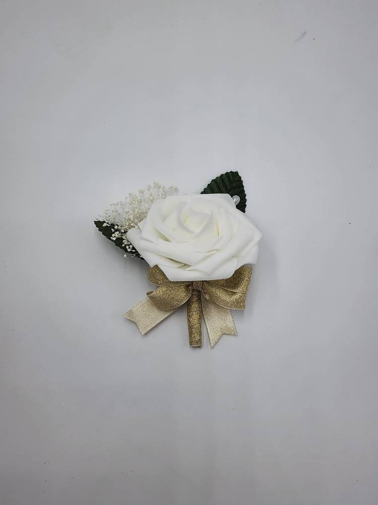 Red And White Boutonnieres And Corsages, Available In 27 Colors, Corsages Available In Pin On And Wrist, Matching Bouquets Available