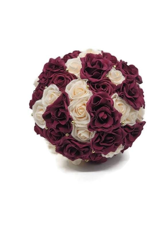 Burgundy and Cream Wedding Bouquet Made With Real Touch Roses, Bridal Bouquet, Bridesmaid Bouquet and Matching Boutonnieres and Corsages