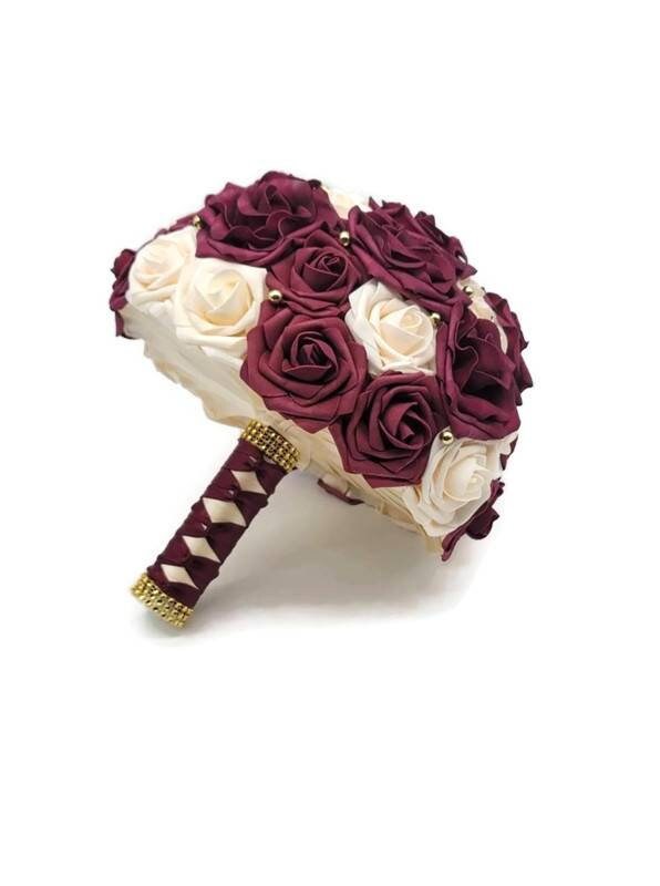 Burgundy and Cream Wedding Bouquet Made With Real Touch Roses, Bridal Bouquet, Bridesmaid Bouquet and Matching Boutonnieres and Corsages