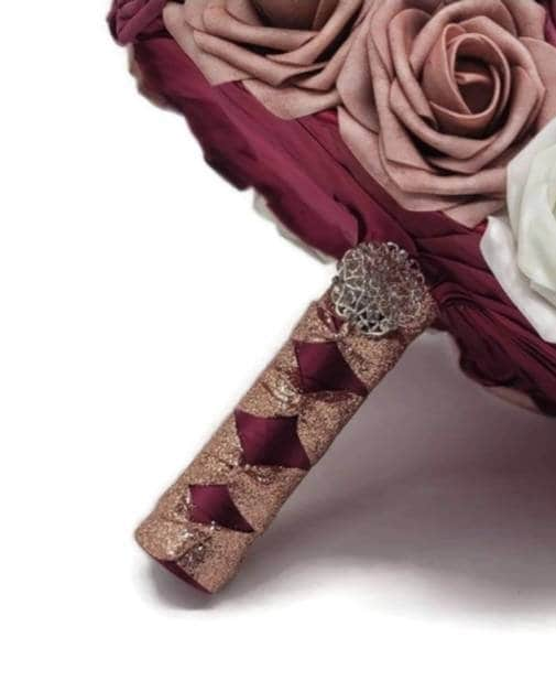 Burgundy, Dusty Rose, & White Wedding Bouquet Made w/Real Touch Roses, Bridal Bouquet, Bridesmaid Bouquet/ Matching Boutonniere and Corsages