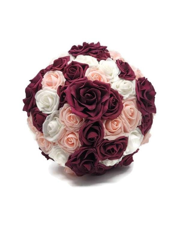 Burgundy, White, & Blush Wedding Bouquet Made With Real Touch Roses, Bridal Bouquet, Bridesmaid Bouquet and Matching Boutonniere and Corsage