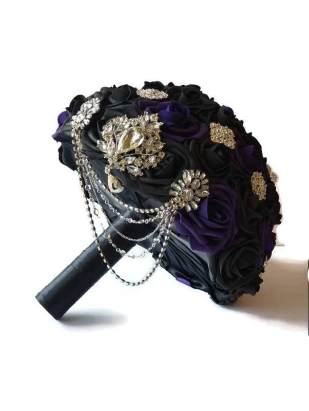 Cascading Dark purple and black Bridal brooch bouquet with chain. Available in 27 colors,Boutonnieres And Corsages Available,Gothic bouquet