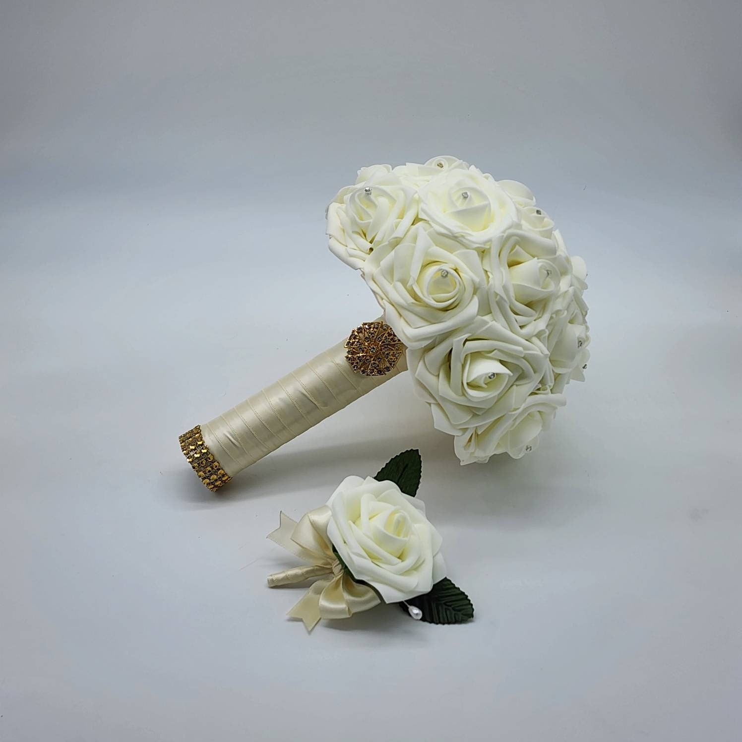 Ivory Wedding Bouquet Made With Real Touch Roses, Bridal Bouquet, Bridesmaid Bouquet and Matching Boutonnieres and Corsages Available