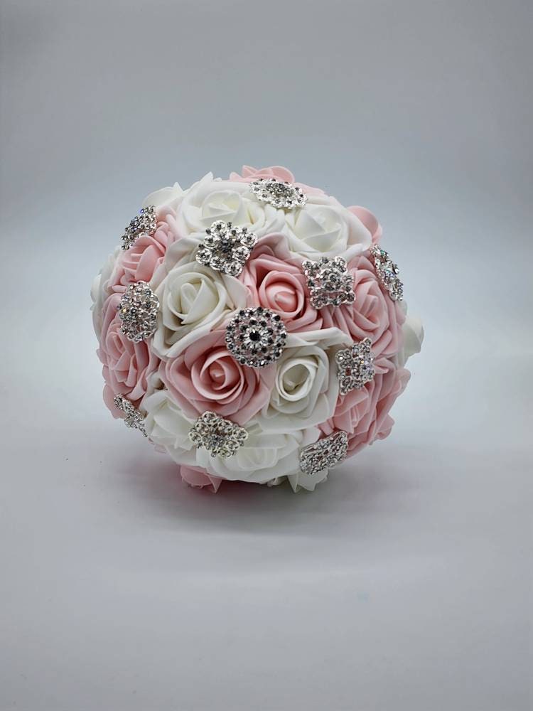 Blush and White Brooch Bouquet, Bridesmaid Bouquet, Available in 27 colors,Matching Boutonnieres And Corsages available