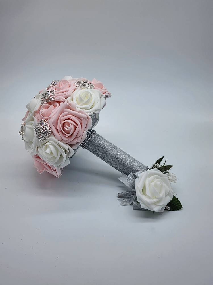 Blush and White Brooch Bouquet, Bridesmaid Bouquet, Available in 27 colors,Matching Boutonnieres And Corsages available