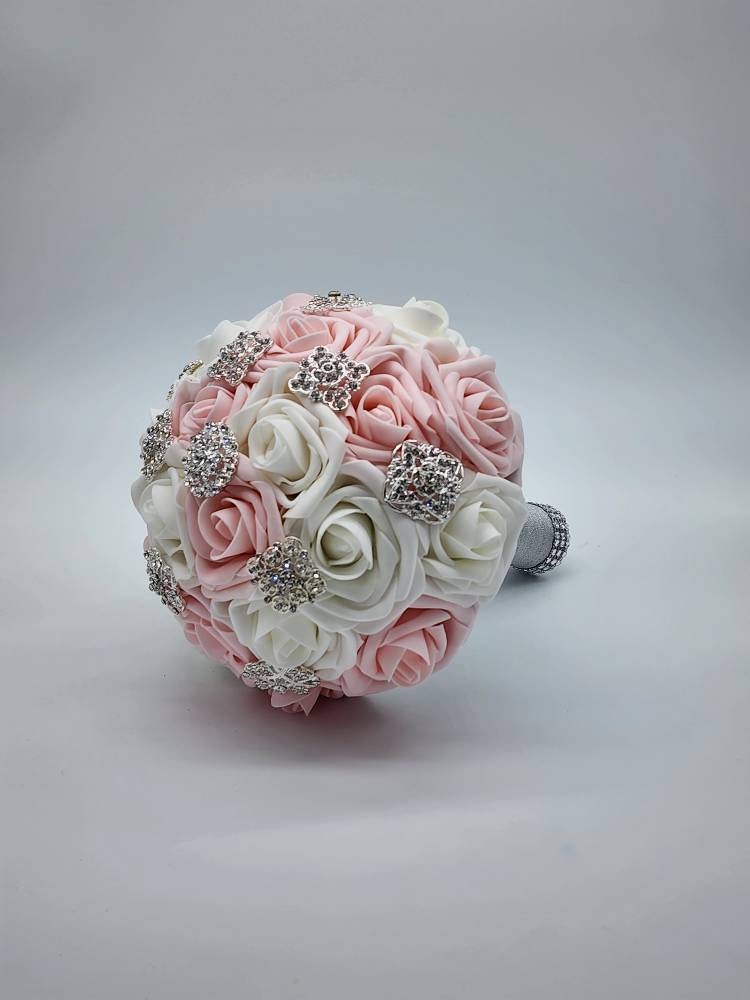 Blush and White Brooch Bouquet, Bridesmaid Bouquet, Available in 27 colors,Matching Boutonnieres And Corsages available