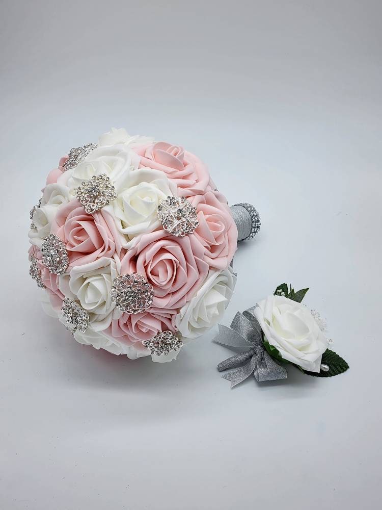 Blush and White Brooch Bouquet, Bridesmaid Bouquet, Available in 27 colors,Matching Boutonnieres And Corsages available