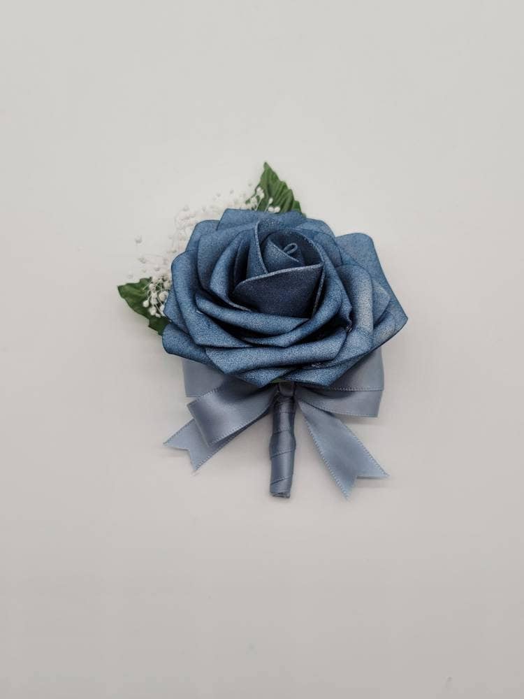 Dark Dusty Blue Boutonnieres And Corsages, Available In 27 Colors, Corsages Available In Pin On And Wrist, Matching Bouquets Available