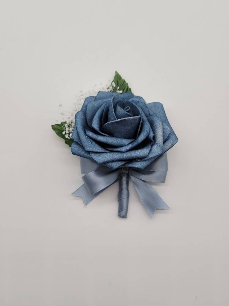 Dark Dusty Blue Boutonnieres And Corsages, Available In 27 Colors, Corsages Available In Pin On And Wrist, Matching Bouquets Available