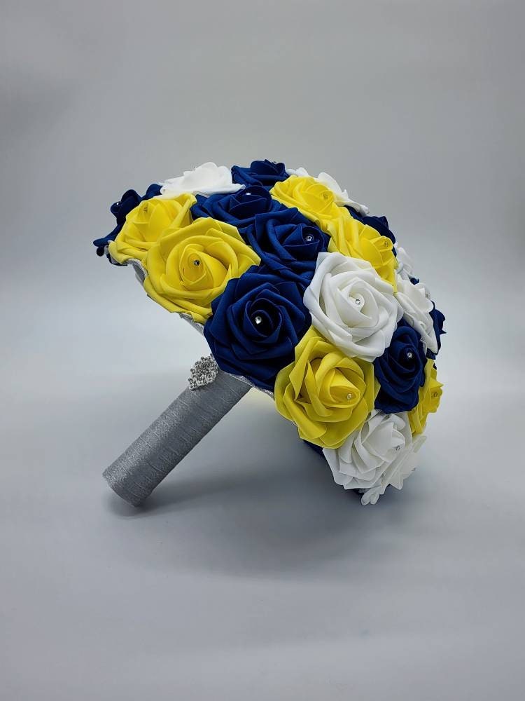 Royal Blue, Yellow, & White Wedding Bouquet Made w/Real Touch Roses, Bridal Bouquet, Bridesmaid Bouquet/ Matching Boutonnieres and Corsages