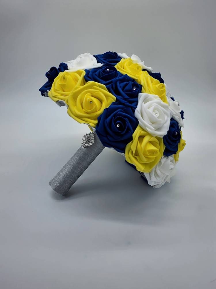 Royal Blue, Yellow, & White Wedding Bouquet Made w/Real Touch Roses, Bridal Bouquet, Bridesmaid Bouquet/ Matching Boutonnieres and Corsages