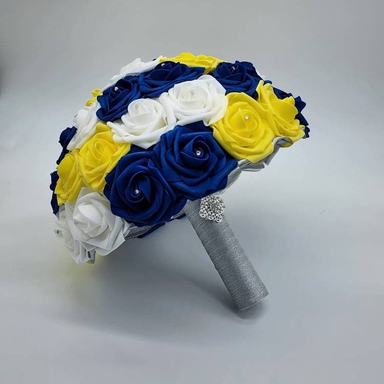 Royal Blue, Yellow, & White Wedding Bouquet Made w/Real Touch Roses, Bridal Bouquet, Bridesmaid Bouquet/ Matching Boutonnieres and Corsages