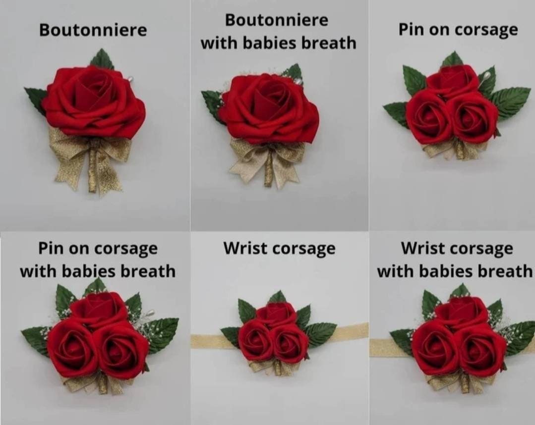 Six different arrangements of red silk roses with gold ribbon and baby's breath. The arrangements include a boutonniere, a pin-on corsage, and a wrist corsage, with and without baby's breath.