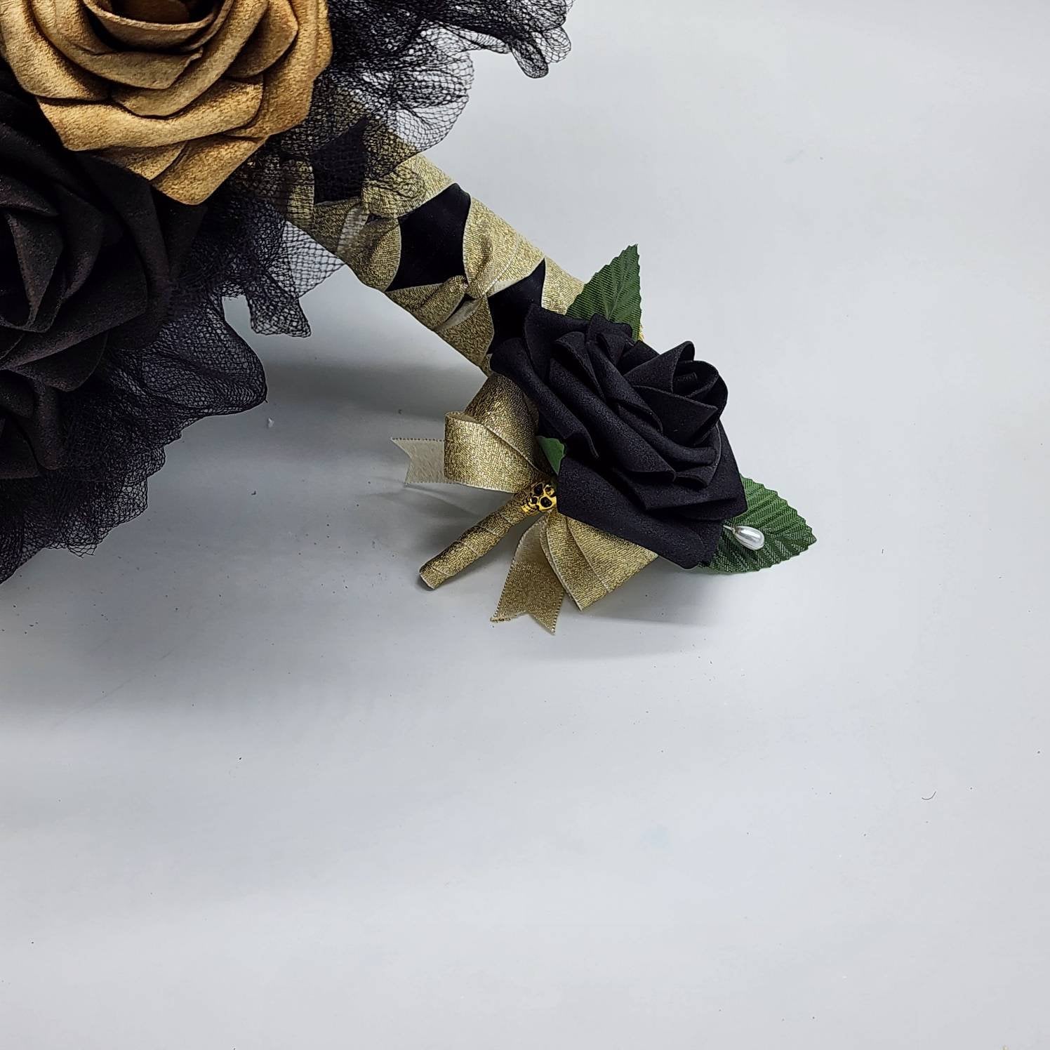 Gothic Skull Black and Gold Wedding Bouquet, Bridal Bouquet, Bridesmaid Bouquet, Matching Corsages and Boutonnieres, Halloween Wedding