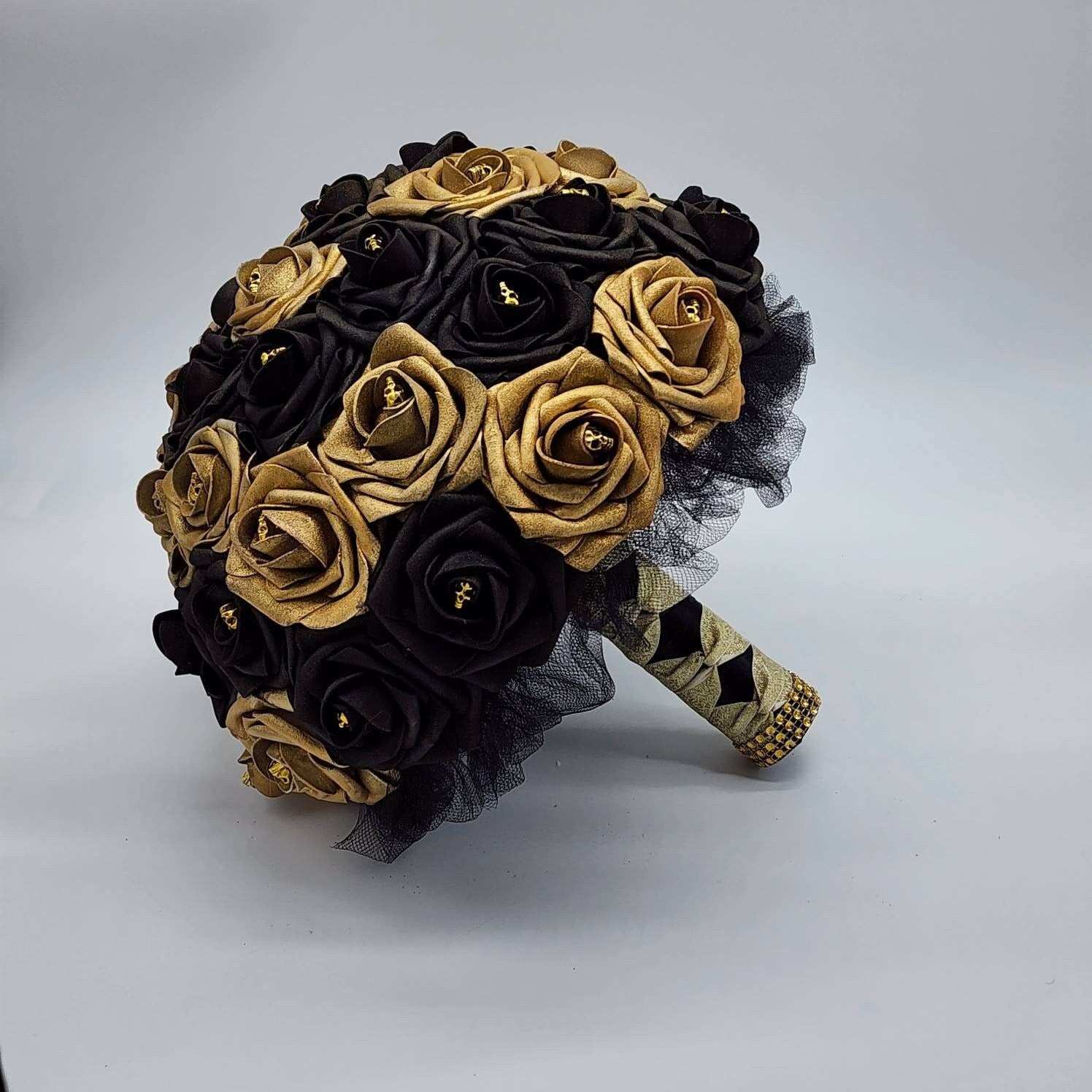 Gothic Skull Black and Gold Wedding Bouquet, Bridal Bouquet, Bridesmaid Bouquet, Matching Corsages and Boutonnieres, Halloween Wedding
