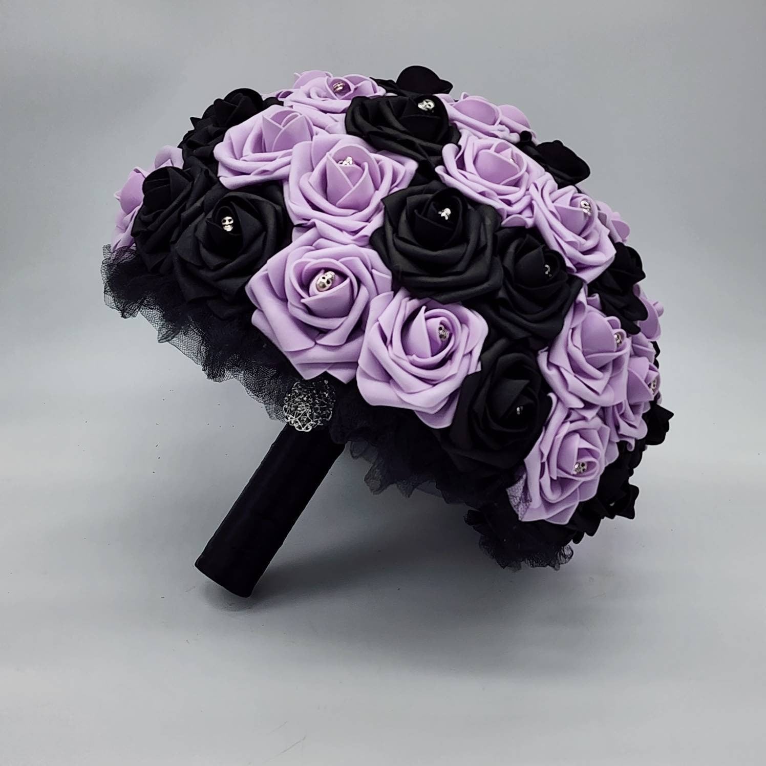 Gothic Skull Black and Lilac Wedding Bouquet, Bridal Bouquet, Bridesmaid Bouquet, Corsages and Boutonnieres, Halloween Wedding