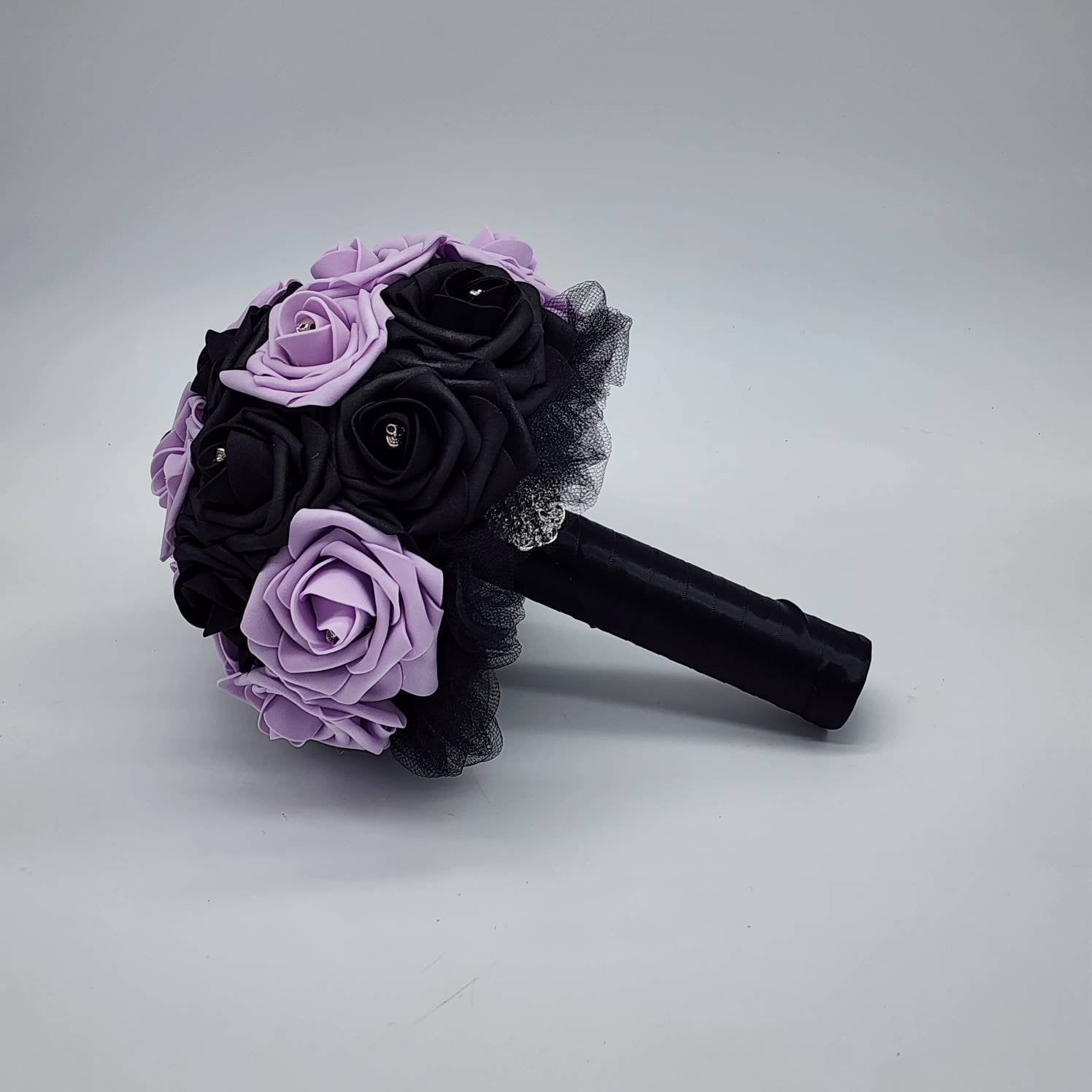 Gothic Skull Black and Lilac Wedding Bouquet, Bridal Bouquet, Bridesmaid Bouquet, Corsages and Boutonnieres, Halloween Wedding
