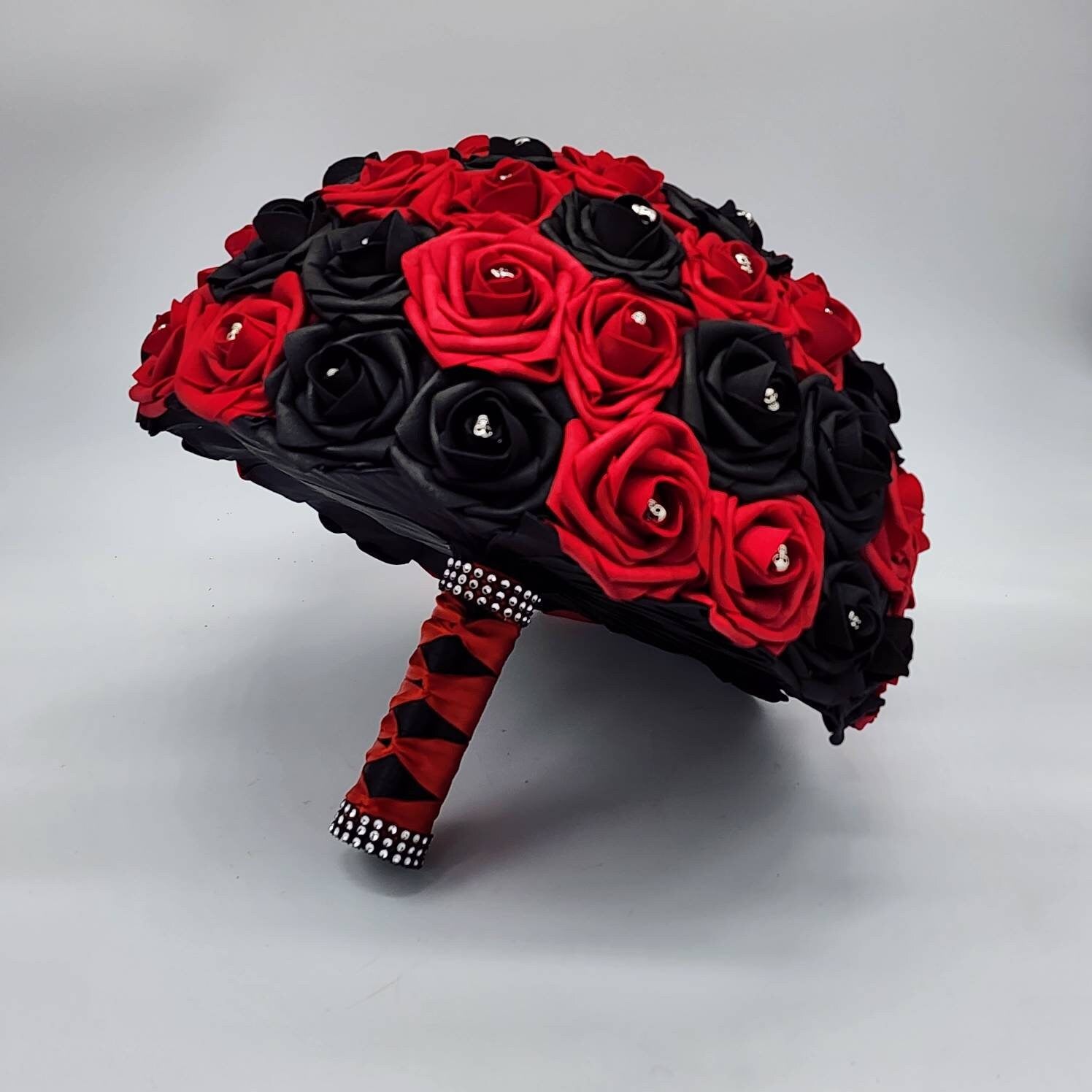 Gothic Skull Red and Black Weddng Bouquet, Bridal Bouquet, Bridesmaid Bouquet, Matching Corsages and Boutonnieres, Halloween Wedding