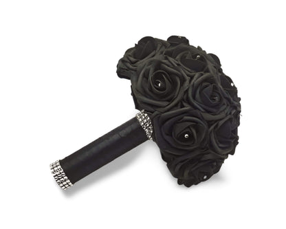 Black Wedding Bouquet Made With Real Touch Roses, Bridal Bouquet, Bridesmaid Bouquet and Matching Boutonnieres and Corsages-Halloween/Gothic