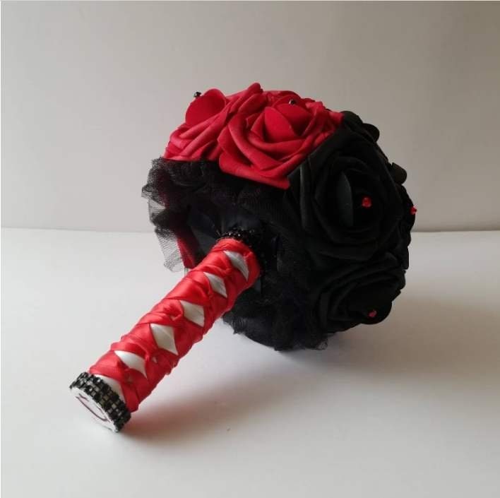 Red Comic Book Wedding Bouqet Made With Real touch Roses, Red and Black Cosplay, Bridal Bouquet, Bridesmaid Bouquet, Mini/Toss Bouquet