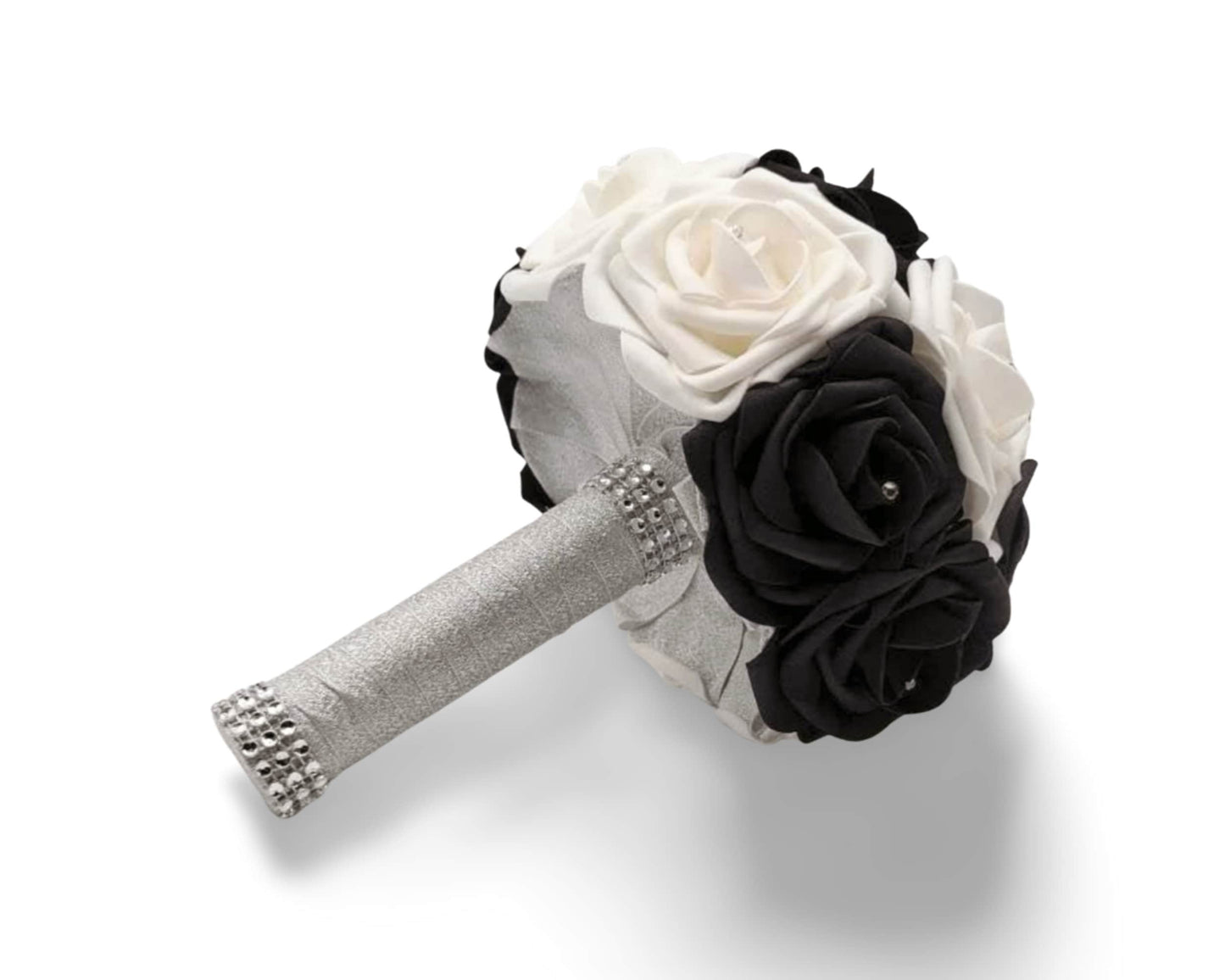 Black and White Wedding Bouquet Made With Real Touch Roses, Bridal Bouquet, Bridesmaid Bouquet and Matching Boutonnieres and Corsages