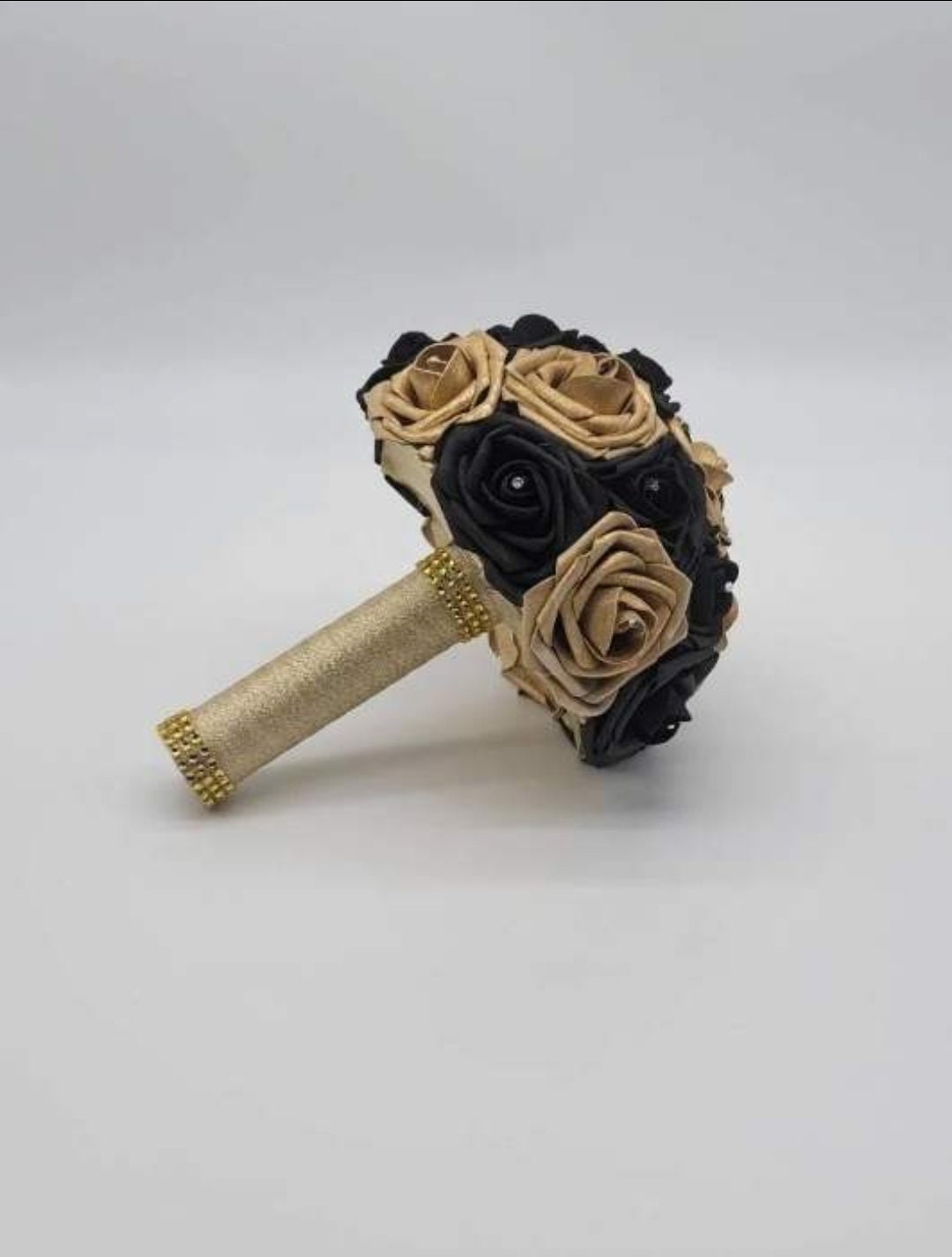 Black and Gold Wedding Bouquet Made With Real Touch Roses, Bridal Bouquet, Bridesmaid Bouquet and Matching Boutonnieres and Corsages