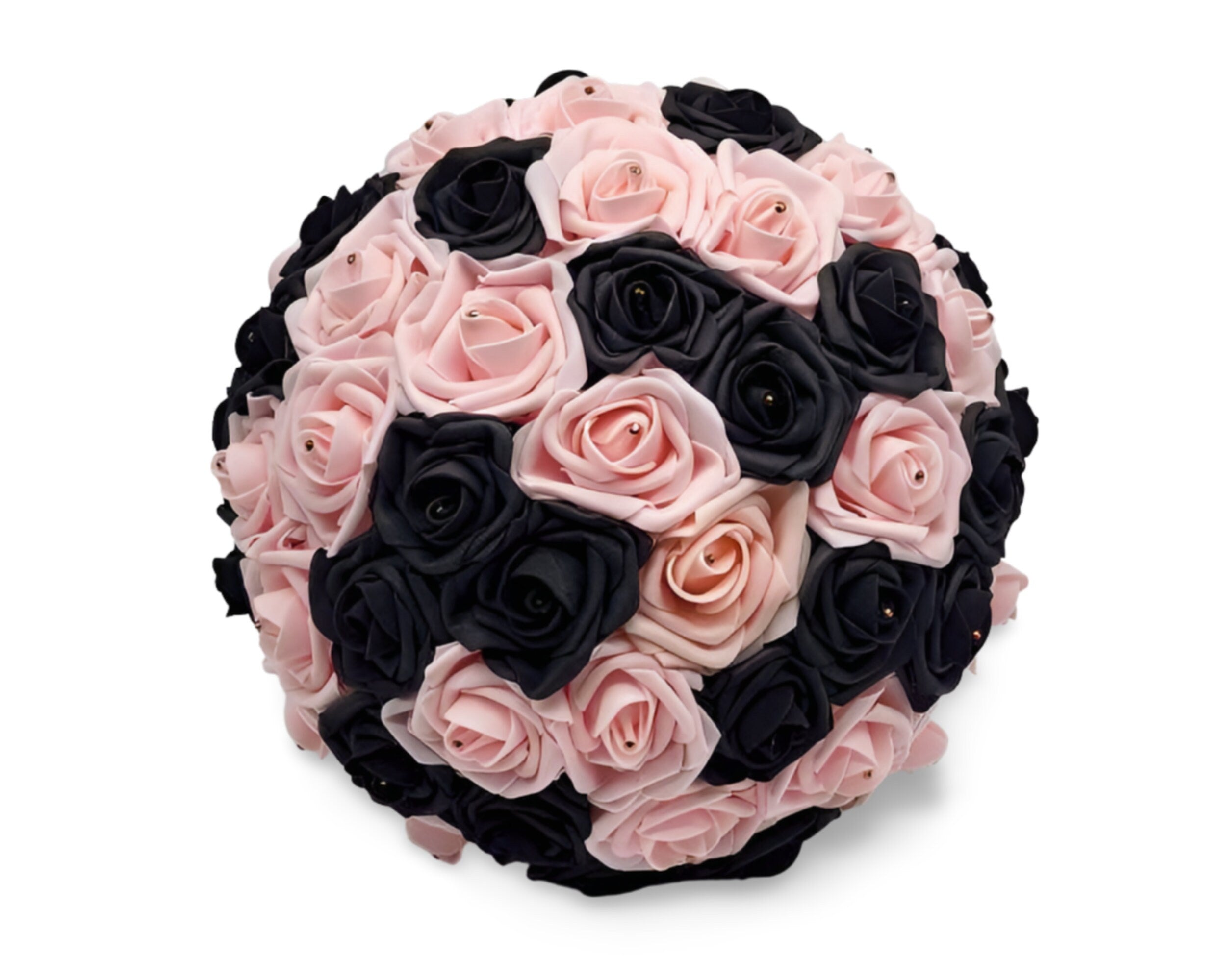 Blush Pink and Black Wedding Bouquet-Real Touch Roses-Modern Romantic Bridal-Gothic Elegant-Custom Colors-Matching Boutonnieres & Corsages