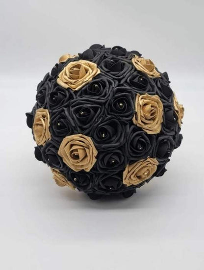 Black and Gold Wedding Bouquet Made With Real Touch Roses, Bridal Bouquet, Bridesmaid Bouquet and Matching Boutonnieres and Corsages