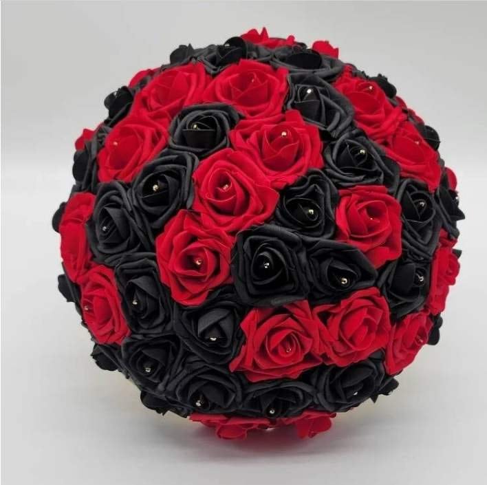 Red And Black Wedding Bouquet Made With Real Touch Roses, Bridal Bouquet, Bridesmaid Bouquet and Matching Boutonniere and Corsages Available