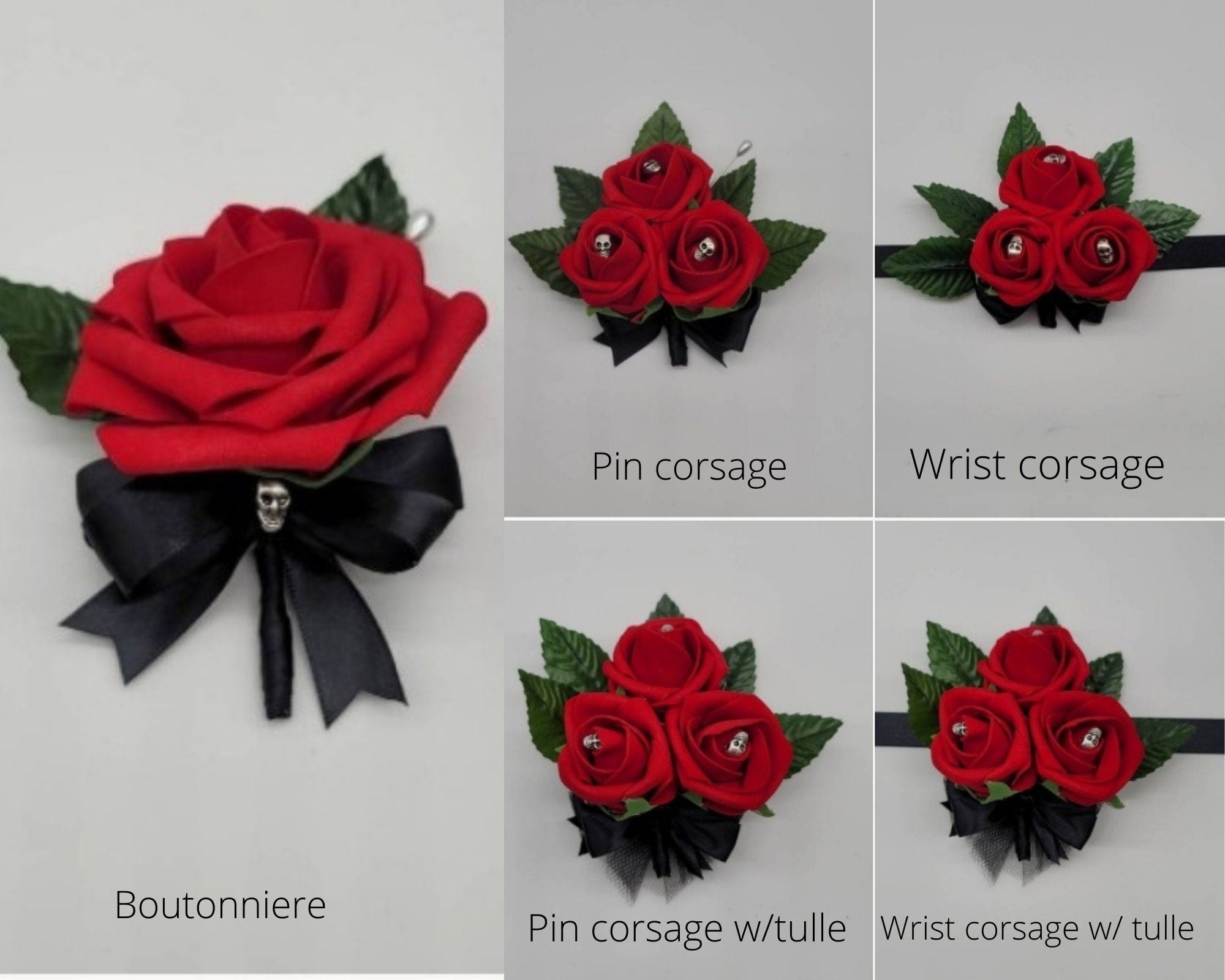 Gothic Skull Black and Burgundy Boutonnieres and Corsages, Gothic Wedding, Halloween, Matching Bouquets Available