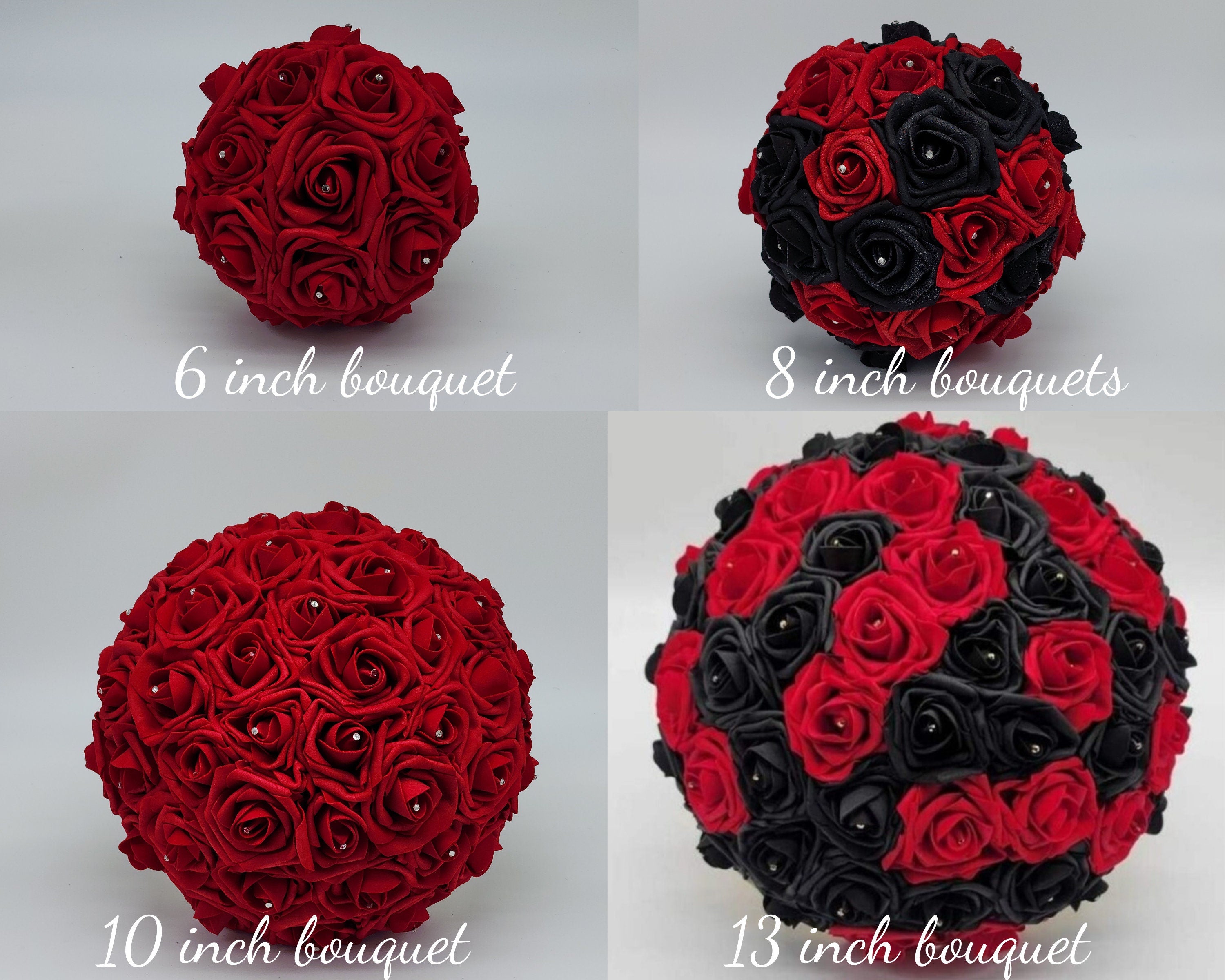 Four red and black silk rose bouquets in different sizes. The bouquets are 6 inches, 8 inches, 10 inches, and 13 inches in diameter.