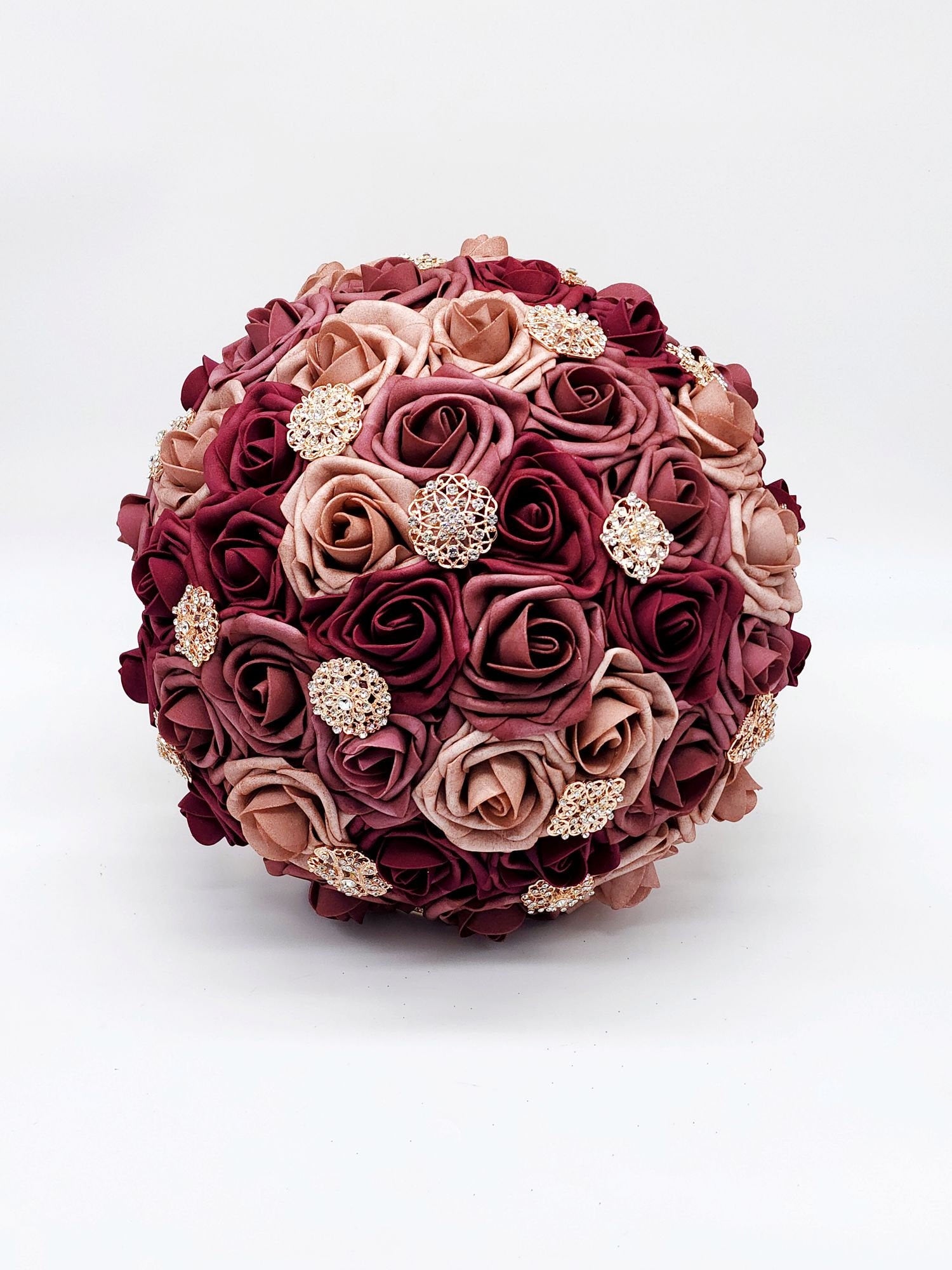 Burgundy, Mauve, and Dusty Rose Brooch Bridal Bouquet W/ Rose Gold Ribbon/Made With Real Touch roses/Bridesmaid Bouquet/Matching Boutonniere