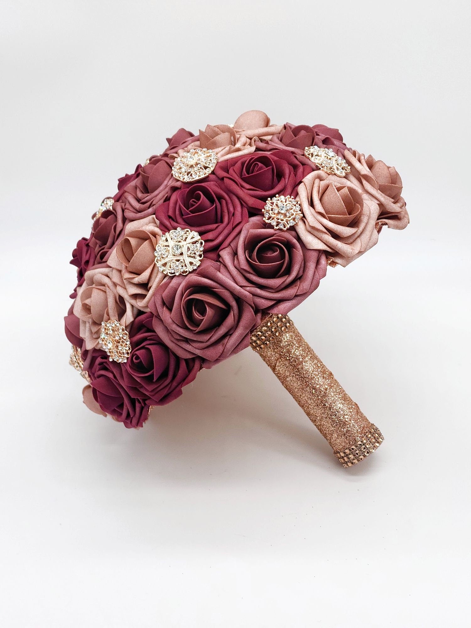 Burgundy, Mauve, and Dusty Rose Brooch Bridal Bouquet W/ Rose Gold Ribbon/Made With Real Touch roses/Bridesmaid Bouquet/Matching Boutonniere