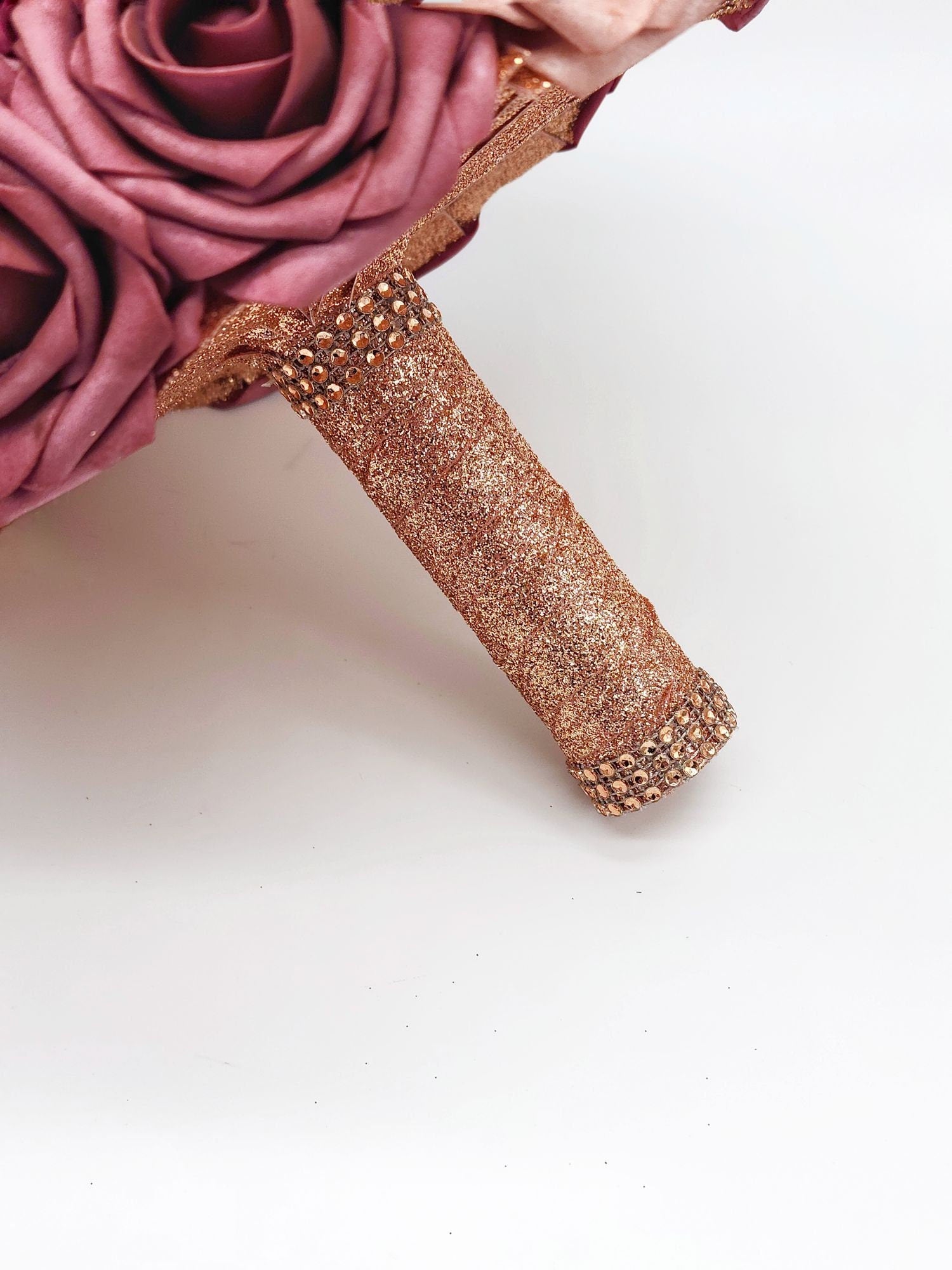 Burgundy, Mauve, and Dusty Rose Brooch Bridal Bouquet W/ Rose Gold Ribbon/Made With Real Touch roses/Bridesmaid Bouquet/Matching Boutonniere