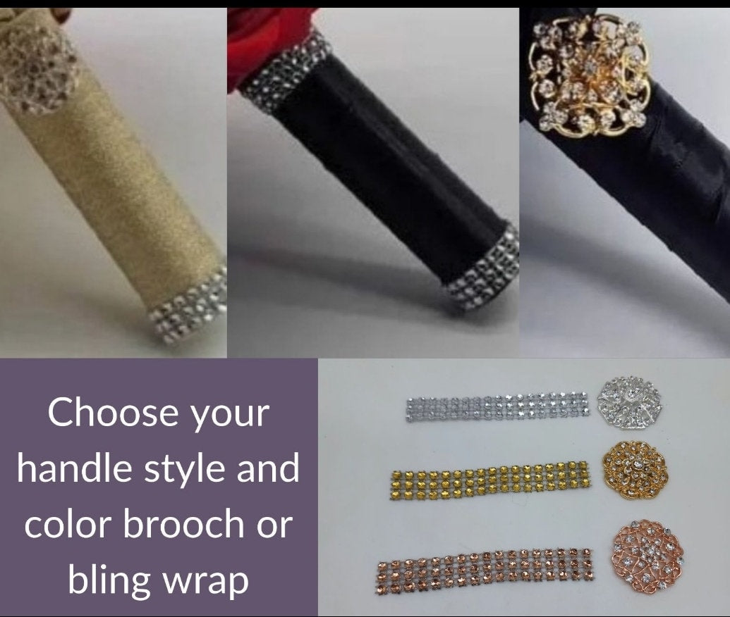 Choose your handle style and color brooch or bling wrap.  Three options are shown: silver, gold, and rose gold.  Each option includes a small round brooch and a long strip of bling.