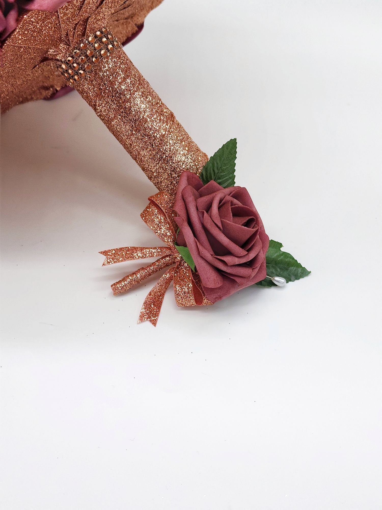 Burgundy, Mauve, and Dusty Rose Brooch Bridal Bouquet W/ Rose Gold Ribbon/Made With Real Touch roses/Bridesmaid Bouquet/Matching Boutonniere