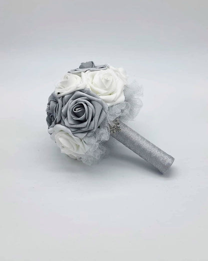 White and Silver Wedding Bouquet Made With Real Touch Roses, Bridal Bouquet, Bridesmaid Bouquet and Matching Boutonnieres and Corsages